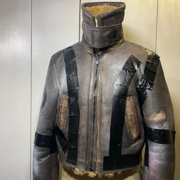 Balenciaga Paint Logo Taped Genuine Shearling Bomber Jacket - Picture 6 of 16